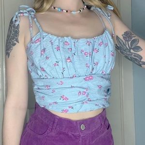 Blue And Pink Floral Ruched Bust Crop Top And Self Tie Straps